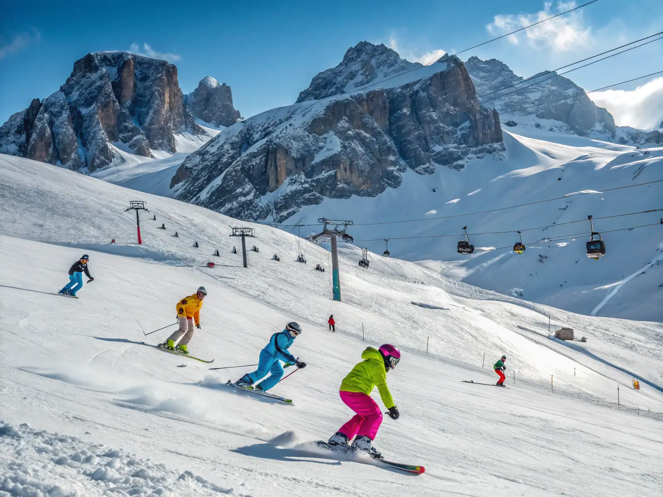 A dynamic shot of skiers racing down a snow-covered slope during a club event, showcasing the excitement and skill involved in the sport.