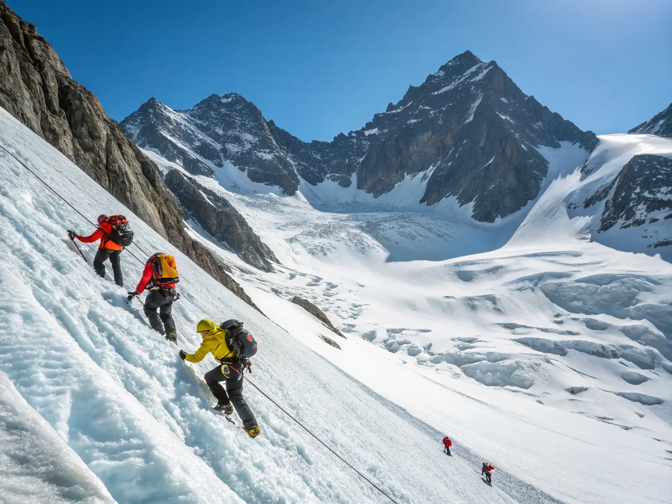 Mountaineers ascending a snowy peak, highlighting the club's mountaineering activities.