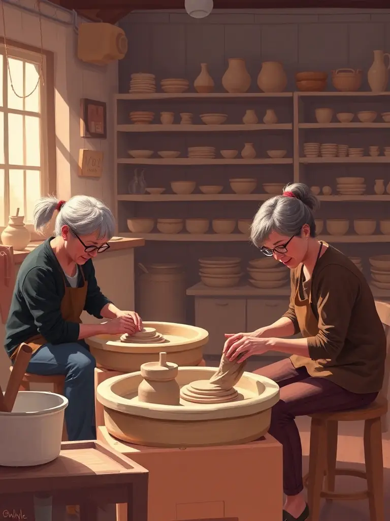 A photograph of adults engaged in a pottery class, demonstrating the FSCF's commitment to cultural enrichment and artistic expression.