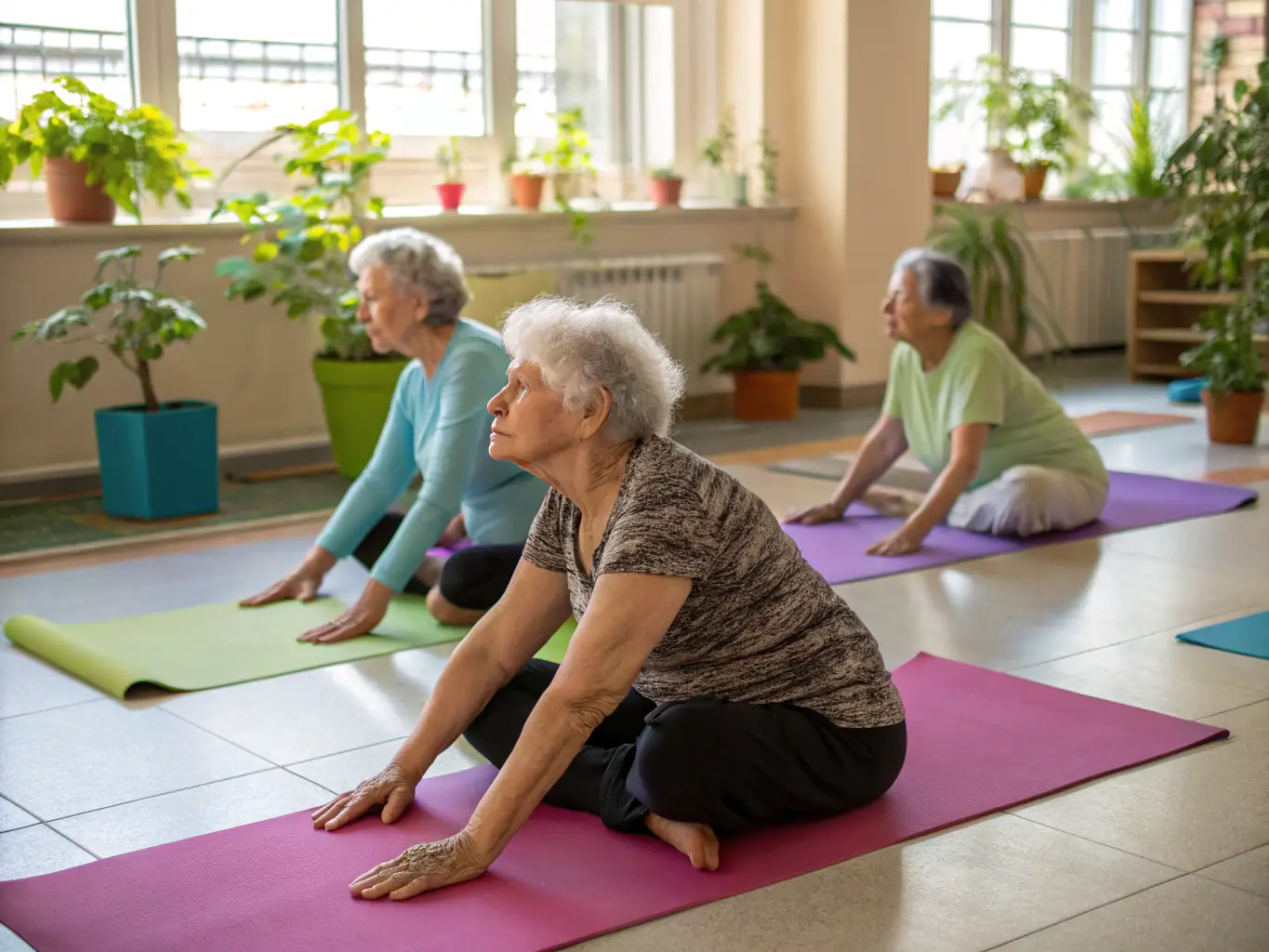An image showing a group of seniors participating in a gentle exercise class, emphasizing the importance of staying active and engaged in later life. The setting is a comfortable and supportive environment.