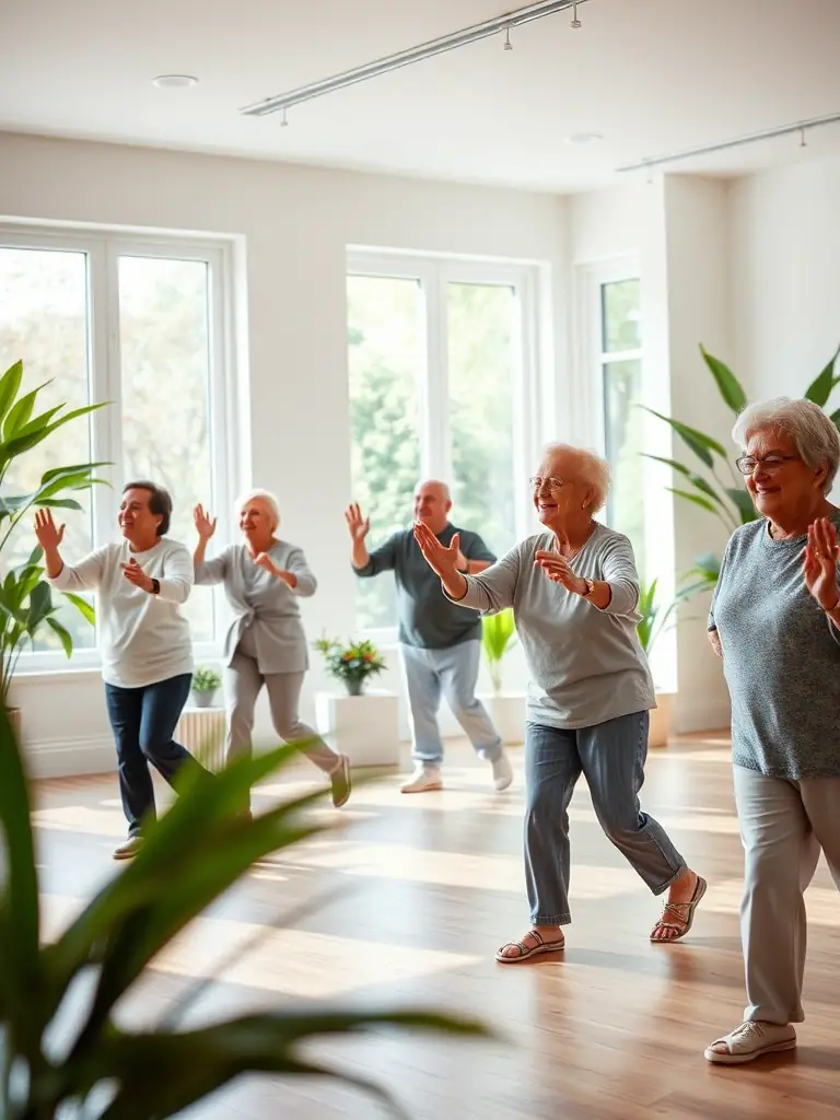 An image of seniors participating in a gentle exercise class, illustrating the FSCF's commitment to senior wellness and active aging.