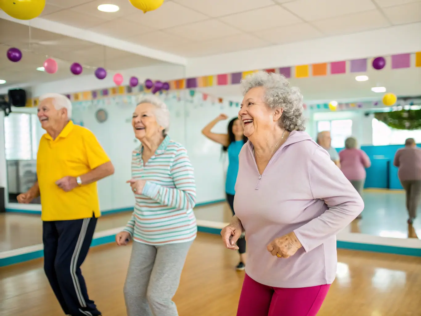 A photograph capturing a diverse group of adults engaged in a cultural dance workshop, highlighting the joy of movement and cultural expression. The setting is a brightly lit studio with traditional instruments visible.