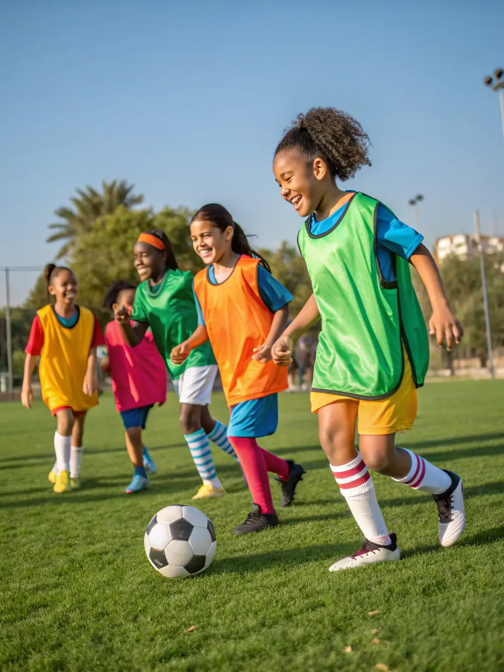 A vibrant image of children playing soccer in a park, representing the FSCF's youth sports program and its focus on physical activity and teamwork.