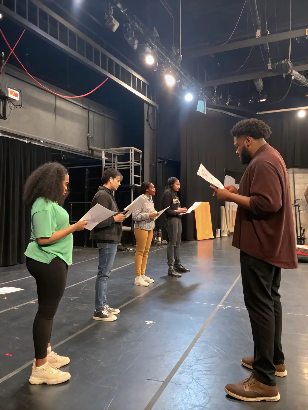 A picture of a diverse group of people rehearsing a play on stage, highlighting the FSCF's theater program and its emphasis on collaboration and performance.