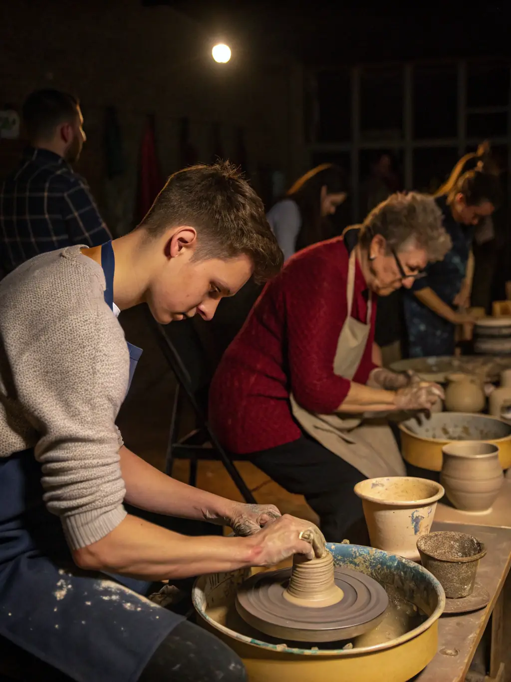 A photograph of a group of adults participating in a pottery class, showcasing the FSCF's cultural programs and its commitment to artistic expression.