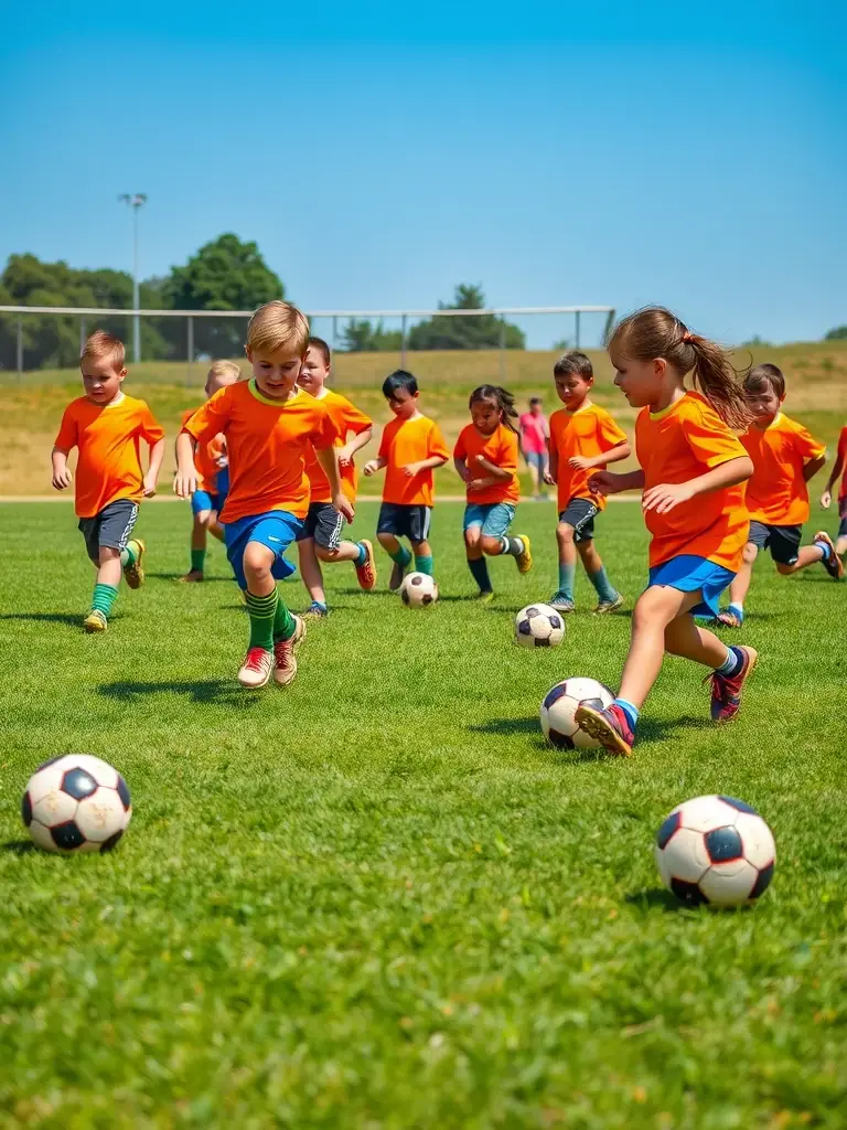 A vibrant image of children participating in a soccer game, showcasing teamwork and physical activity within the FSCF's sports program.