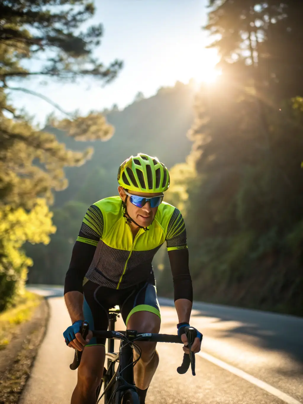 A cyclist smiling and confidently riding uphill on a mountain trail, showcasing the joy and challenge of cycling with TBV.