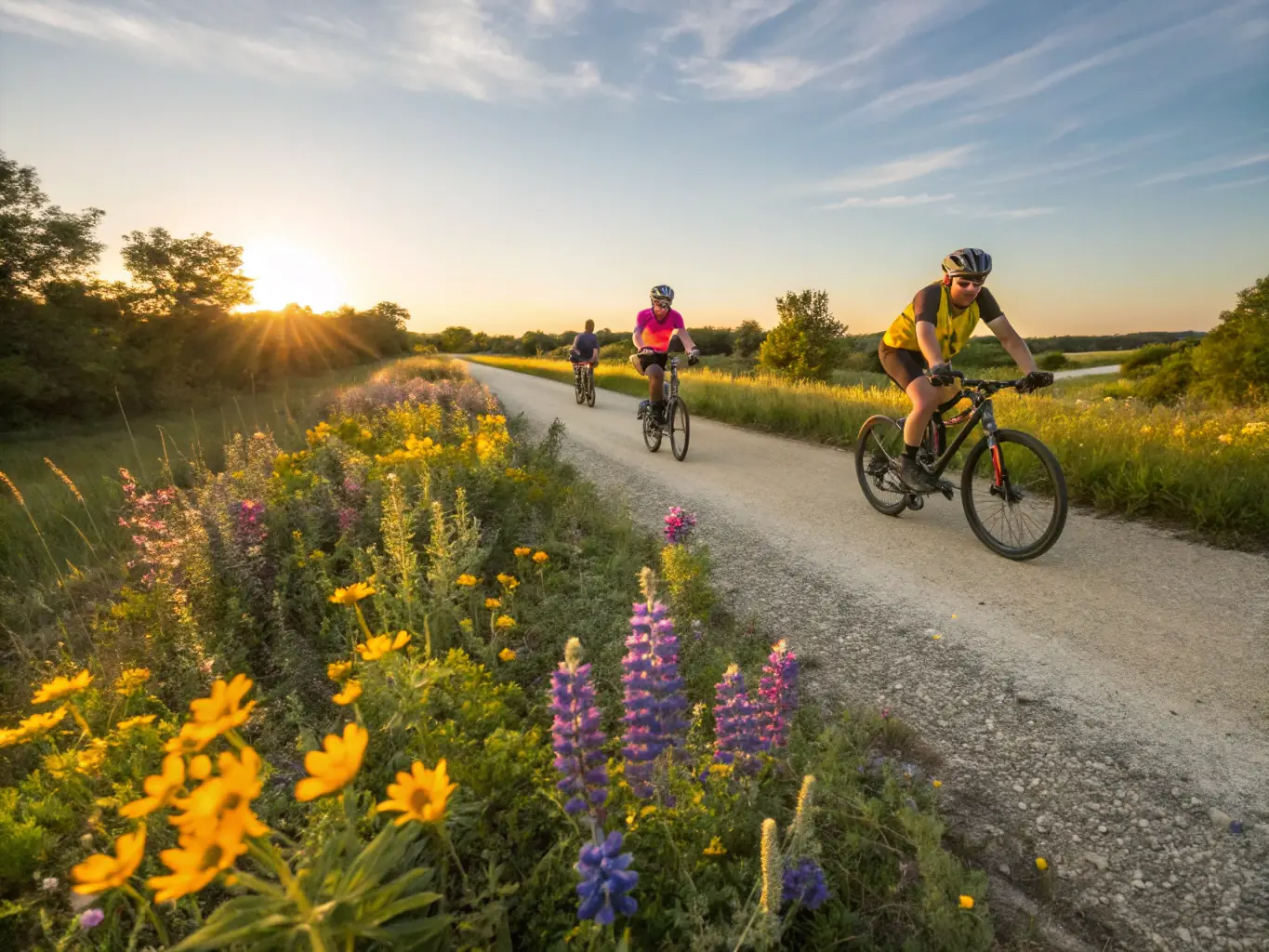 An inspiring image of cyclists participating in a recreational ride through a scenic valley, highlighting the beauty of the Vallouise region and the enjoyment of cycling.