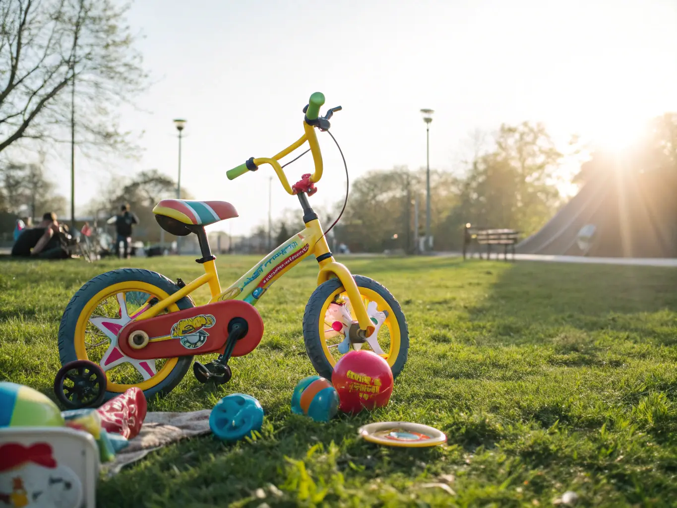 A vibrant image of children participating in a beginner cycling program, with instructors ensuring their safety and teaching basic cycling skills in a park setting.
