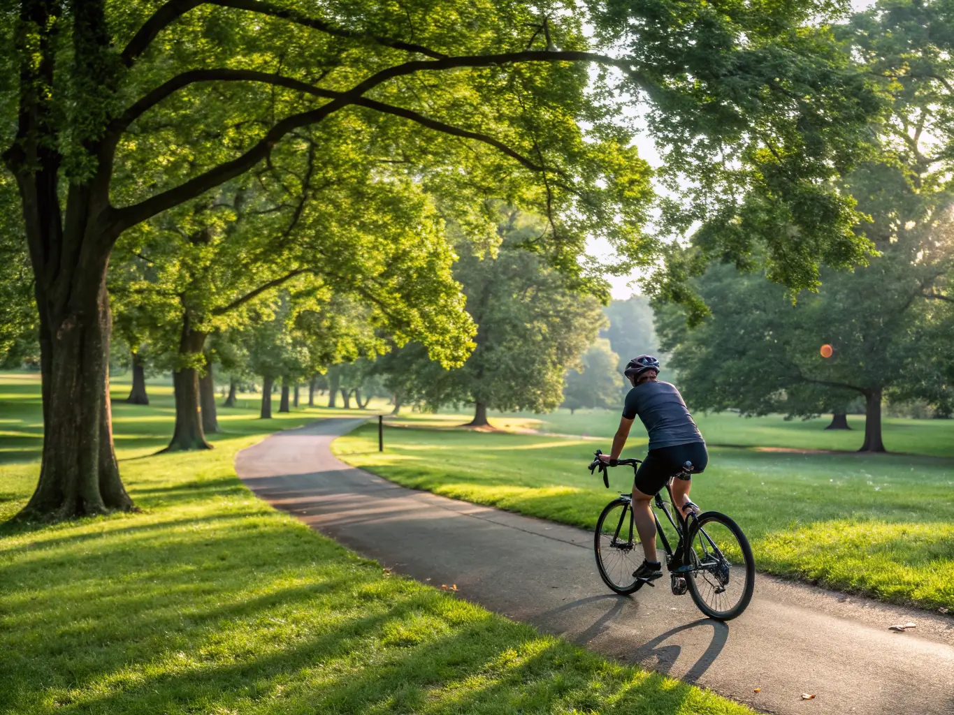 A person using a bicycle on a cycling class, with an instructor nearby providing guidance. The setting is a sunny outdoor area with a view of the mountains.
