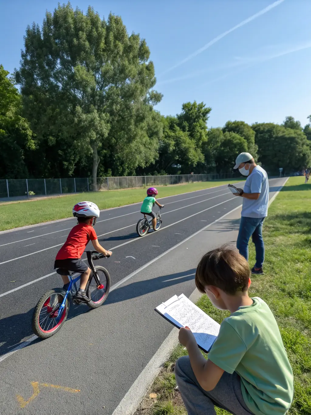 A group of children participating in a cycling skills workshop, learning basic bike handling and safety techniques in a controlled environment.