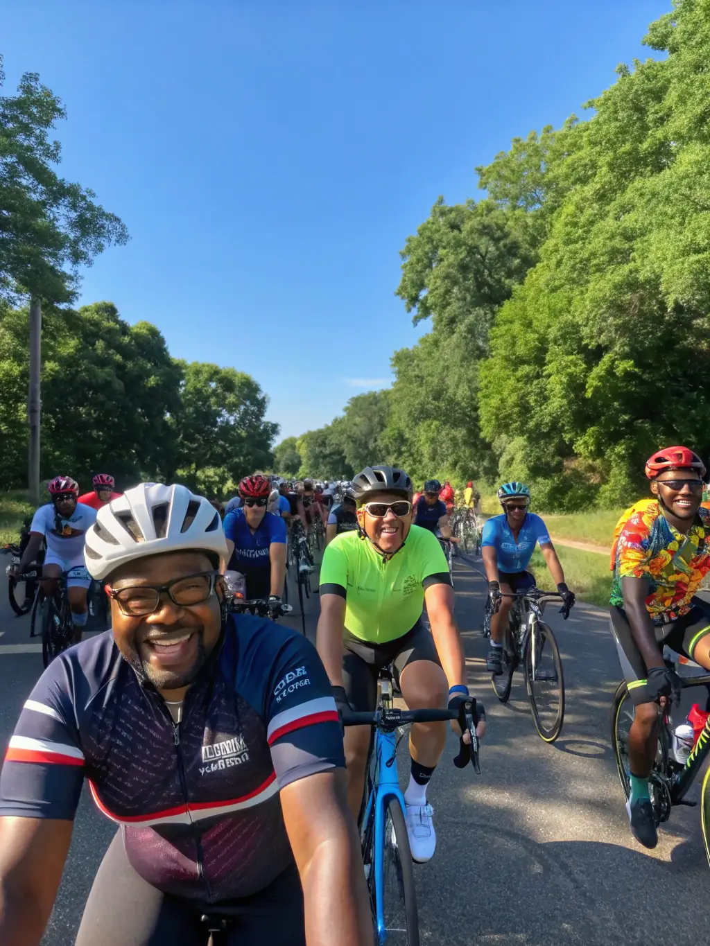 A group of cyclists participating in a community cycling event, riding together through the streets of Vallouise to promote cycling and community engagement.