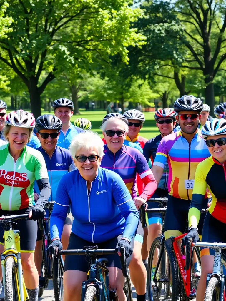 A diverse group of cyclists participating in a community cycling event, with participants of all ages and abilities riding together.