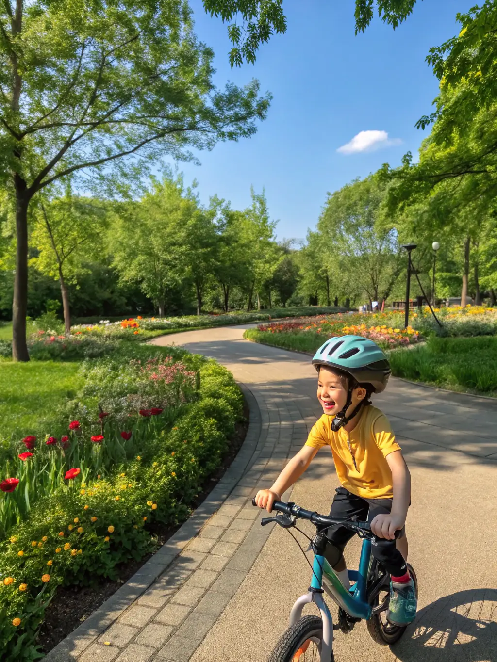 A vibrant photo of children participating in a beginner cycling workshop in a park in Vallouise, with instructors providing guidance and support.
