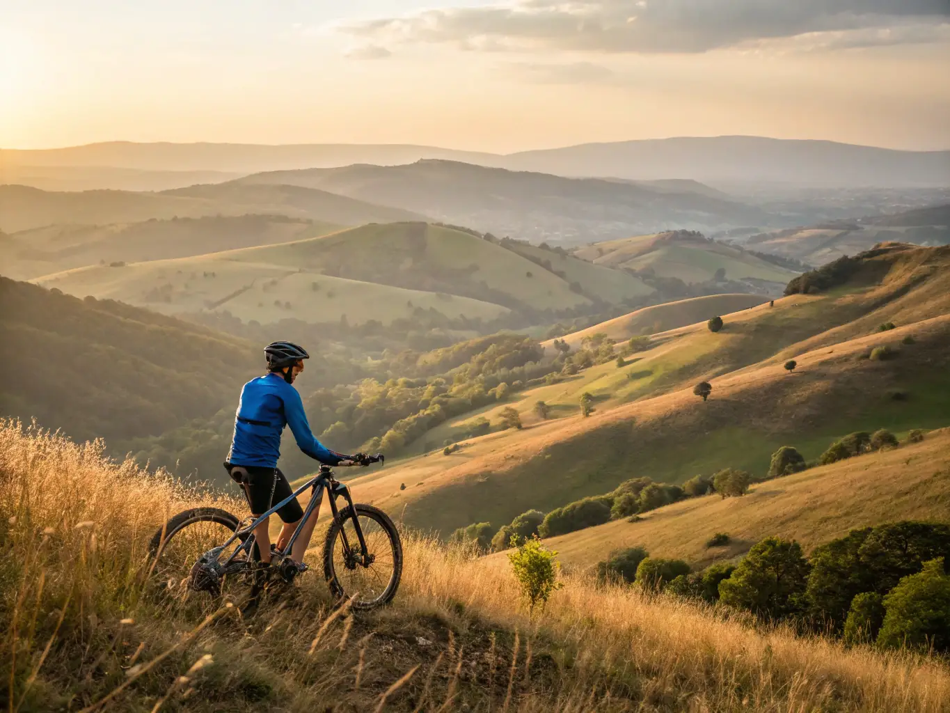 A cyclist stopping to take in the view of a panoramic vista of the Vallouise valley, with snow-capped mountains in the distance. The cyclist is wearing appropriate gear and appears to be enjoying the scenery.