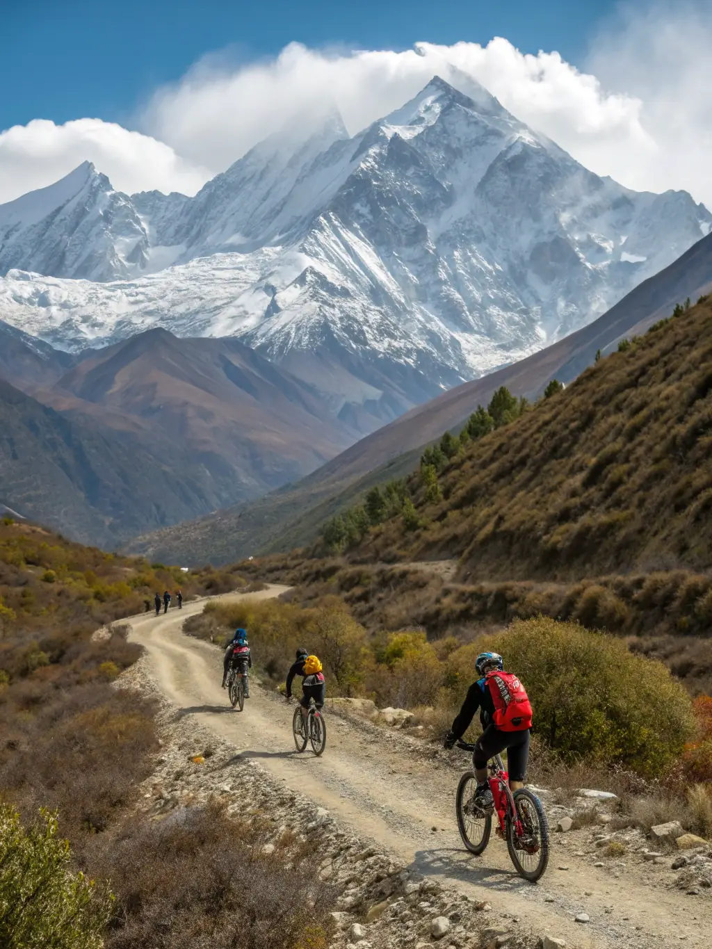 A group of adults on a guided mountain bike tour through the scenic trails of Vallouise, led by an experienced guide.