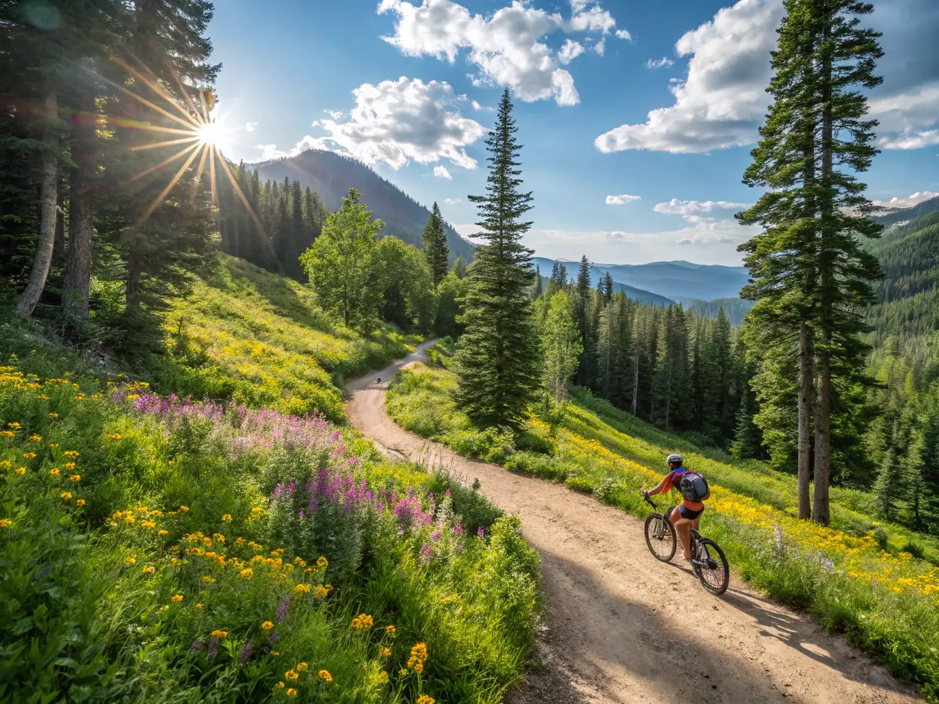 A dynamic shot of cyclists navigating a challenging mountain trail, emphasizing the adventure and skill involved in TIKI BIKE EN VALLOUISE's advanced cycling programs.