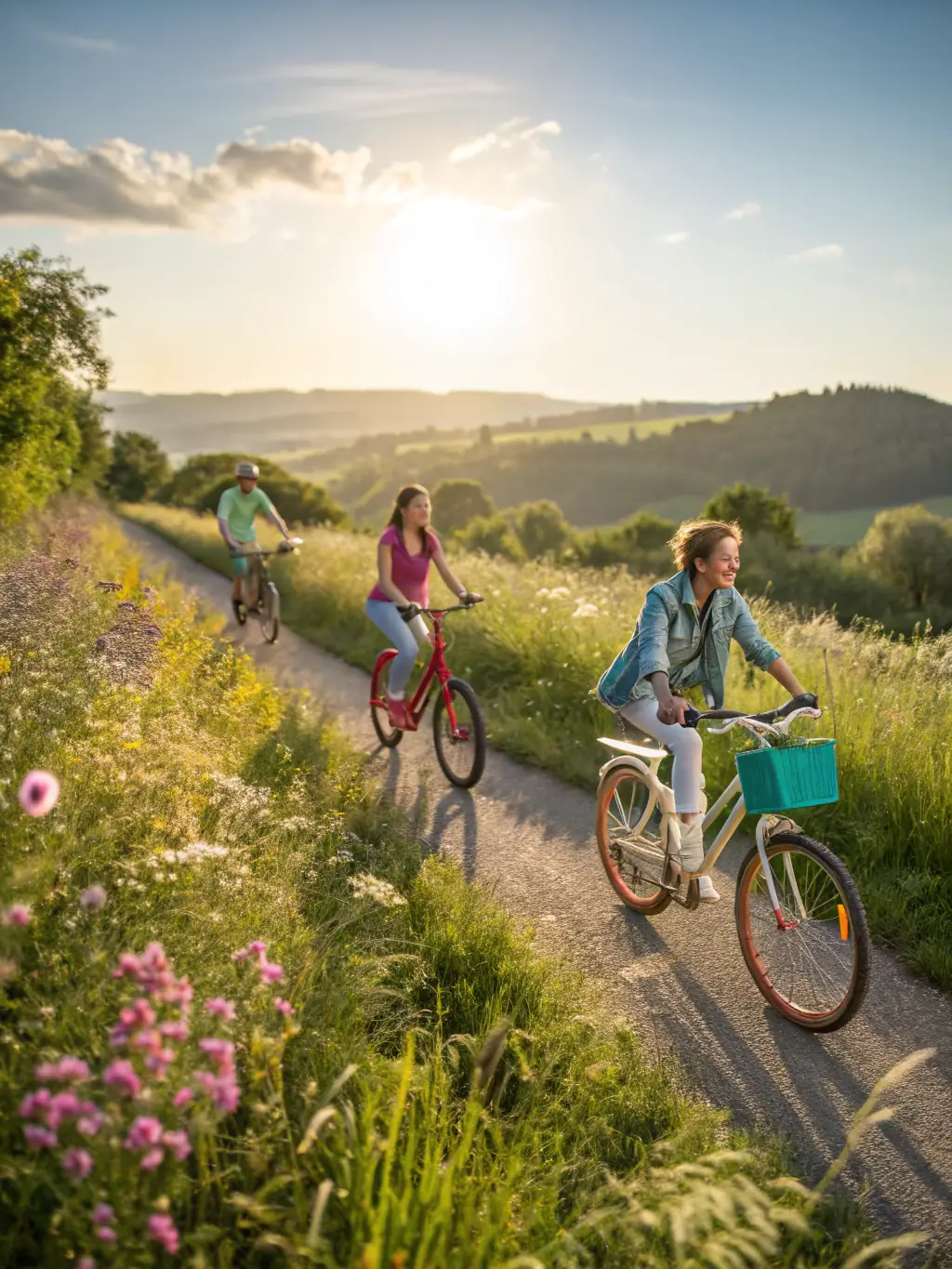 A family enjoying a leisurely cycling tour along a flat, paved path in Vallouise, with picturesque views of the surrounding mountains and countryside.