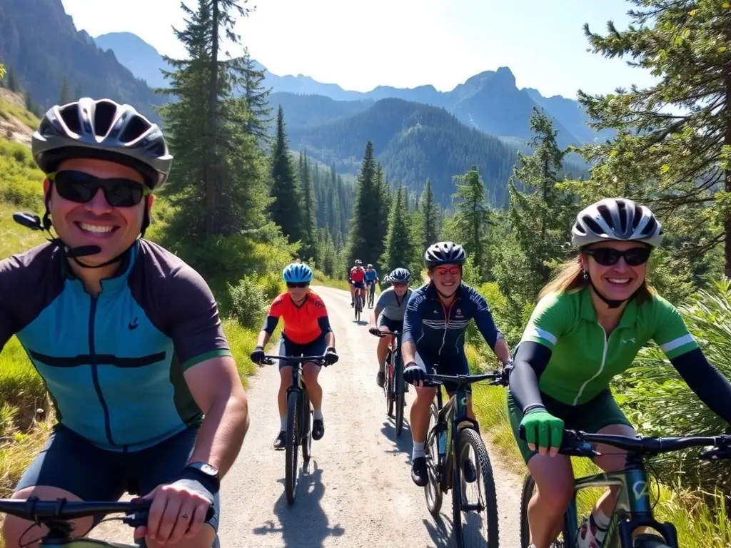 A group of cyclists of varying ages and abilities riding together on a paved path through a lush green valley in Vallouise, with mountains in the background. The cyclists are smiling and appear to be enjoying themselves.